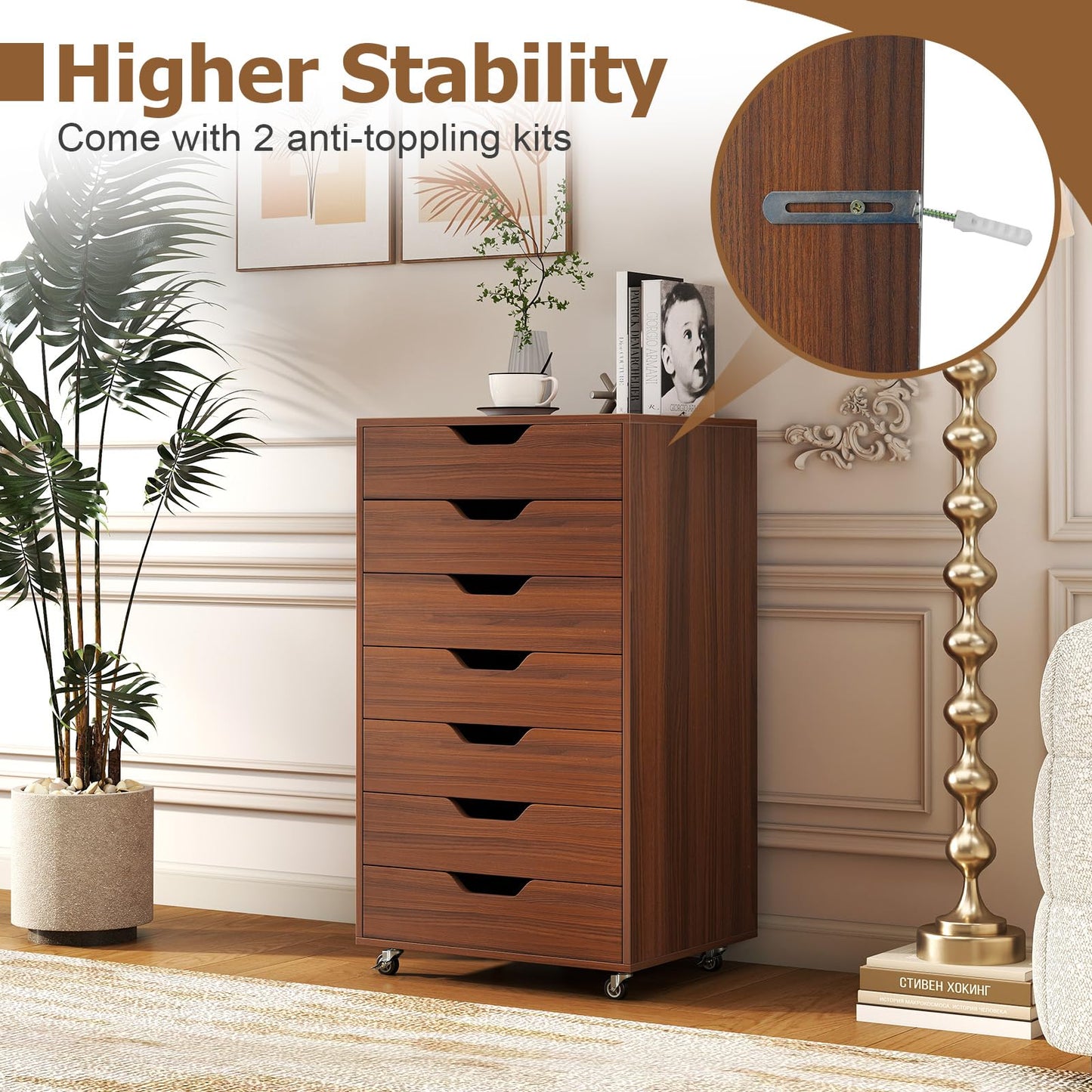 Giantex 7-Drawer Storage Cabinet, Mobile File Organizer with 4 Universal Casters, Wooden Vertical Filing Cabinet on Lockable Wheels for Office, Study, Living Room (19” x 15.5” x 34.5”,Walnut)