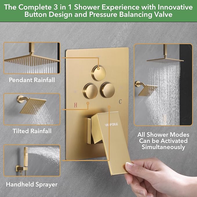 VANFOXLE Shower Faucet Set Brushed Gold Shower System, Push Button Diverter Shower Faucet with Trim Kit, Ceiling Mount 10 Inch Shower Head Increased Thick, 6 Inch Side Shower Head, 2-in-1 Handheld