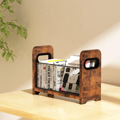 ASIFMTHOT Wood Magazine Holder & Rack - Retro Brown Mesh Storage Basket for Books, Newspapers, Files - Desk/Floor Organizer