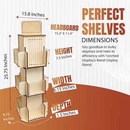 Rotating Greeting Card Display Stand, 3 Tier Wooden Organizer, 4-Sided Display Rack Spinning Multi-Pocket Display for Coasters, Stickers, Retail, Tradeshow - A4, A6, A7, 5"x7", 4 bar (Natural)