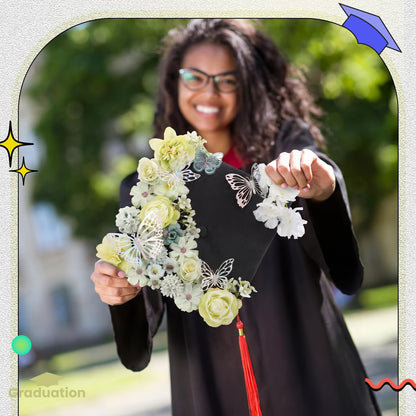 Wavwavw 36 Pcs DIY Graduation Cap Decorations Accessory Kit Include Faux Flower Heads and 3D Glitter Butterfly for Graduation Cap Decoration Home Decor Cake Wreath Craft Decor(Light Green)