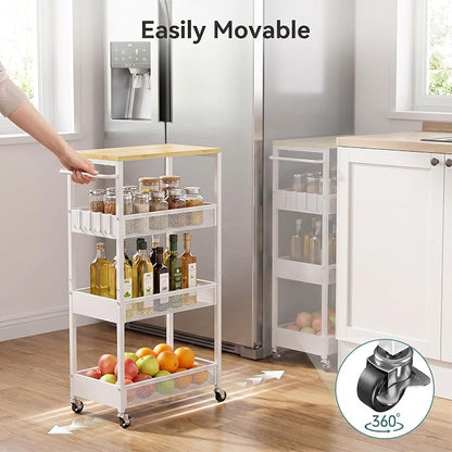 Rolling Utility Cart, 4 Tier 11.8" Wide Metal Storage Cart with Handle and Wood Top, Multifunctional Mobile Shelf Unit Organizer Trolley for Laundry, Bathroom, Kitchen