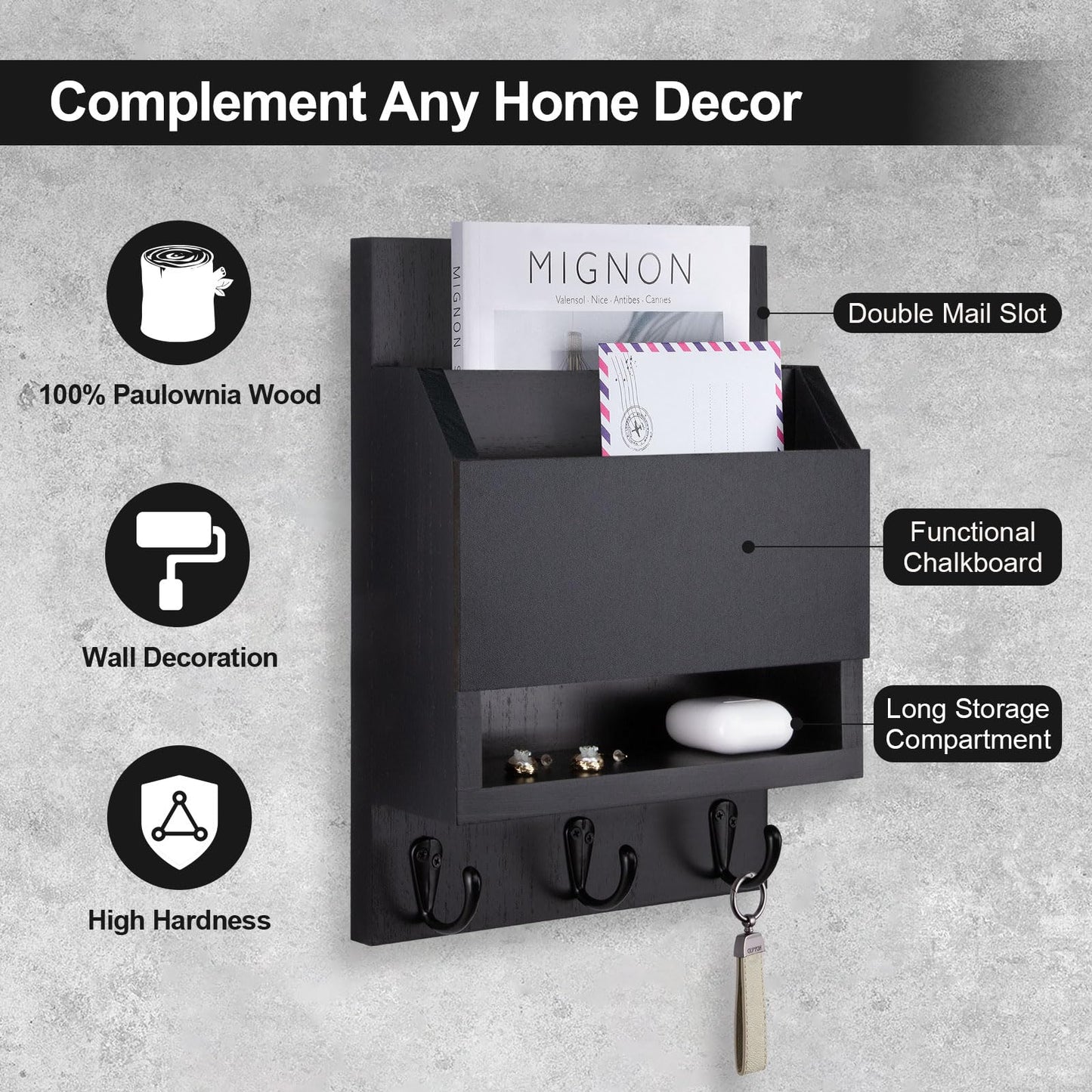 Lucundm Key and Mail Holder for Wall, Key Holder with Chalkboard and Long Storage Box, Key Hanger with 3 Sturdy Hooks for Coat, Dog Leash, Entryway Mail Organizer (Black)