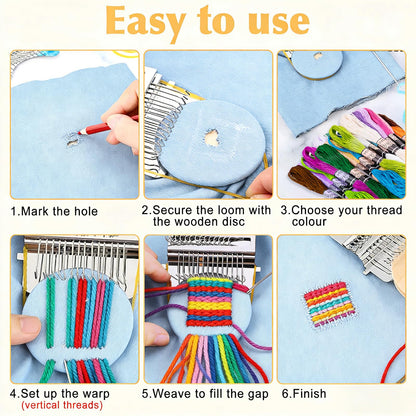 Meetory Knit Patch - Mushroom Mini Darning Loom, Knitpatch Kit with 14 Hooks Small Weaving Loom 14 Pcs Large Eye Needles 50 Color Threads for Handcraft DIY Weaving Repair Tool for Mending Jeans Socks