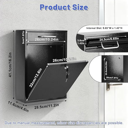 KYODOLED Steel Key Lock Mail Boxes Outdoor, Locking Wall Mount Mailbox, Security Lock Drop Box, Collection Boxes for Home, Office or Commercial,16.2H x 11.2L x 4.6W Inches, Black X Large