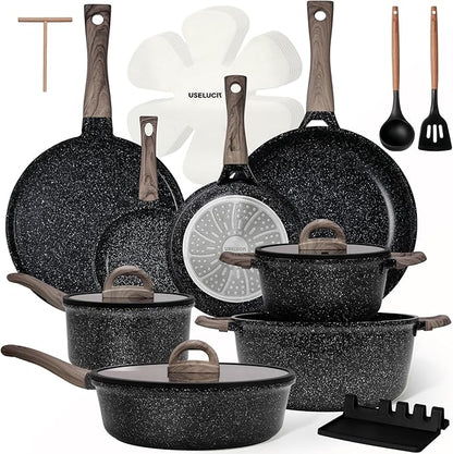 USELUCK Pots and Pans Set Nonstick 22 Pcs, Ceramic cookware set Non-Toxic Coating Inky Granite Kitchen Cookware Set, Induction Kitchen Cooking Set w/Frying Pans & Glass Lids, PFOS & PFOA Free