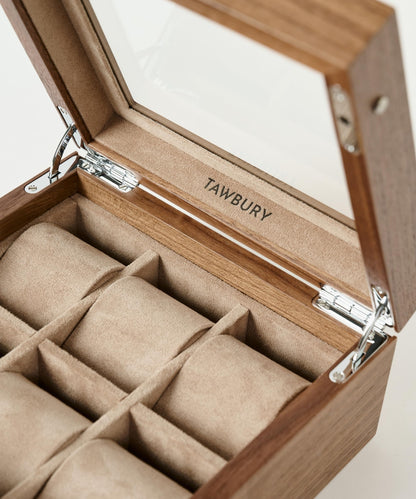 TAWBURY Wooden Watch Case - 6 Slot Wood Watch Box for Men & Women with Glass Display, Protective Fully Lined Interior and 2-inch Wide Pillows for Small & Large Watches (Classic Walnut)