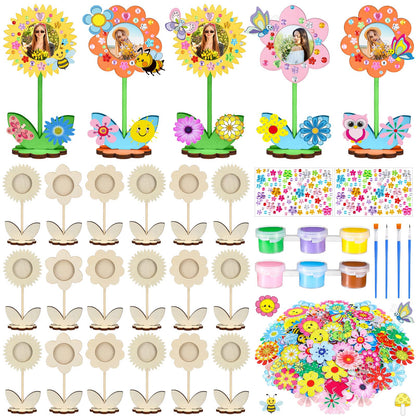 24 Sets Mother's Day Crafts Bulk Spring DIY Flower Picture Frame Kit Unfinished Solid Wood Flower Picture Frames Craft with Gems Sticker Paint Brush for DIY Birthday Party Gift(Assorted Styles)
