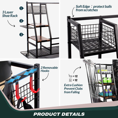 Sttoraboks 3 Golf Bags Storage Garage Organizer, Golf Bag Rack Fits 3 Golf Bags and Golf Equipment Accessories, Golf Club Storage Stand with Wooden Shelf and Lockable Wheels for Garage Indoor Basement