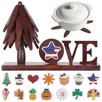 Wooden Trivets for Hot Dishes, 4 Piece Set Foldable Kitchen Wooden Trivet Interchangeable Love Sign, for Hot Dishes, Pot, Bowl, Teapot, Hot Pot Holder, for Home Table Valentines Day Mom Decor.