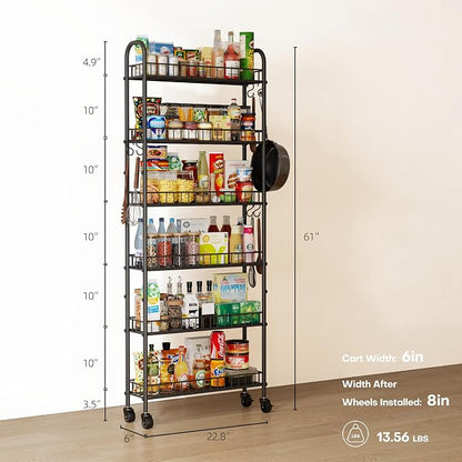 6-Tier Slim Storage Cart, Rolling Kitchen Cart with Wheels | Narrow Metal Shelf Organizer with Hooks for Kitchen, Bathroom, Living Room, Laundry, Small Spaces, Black, 6 in