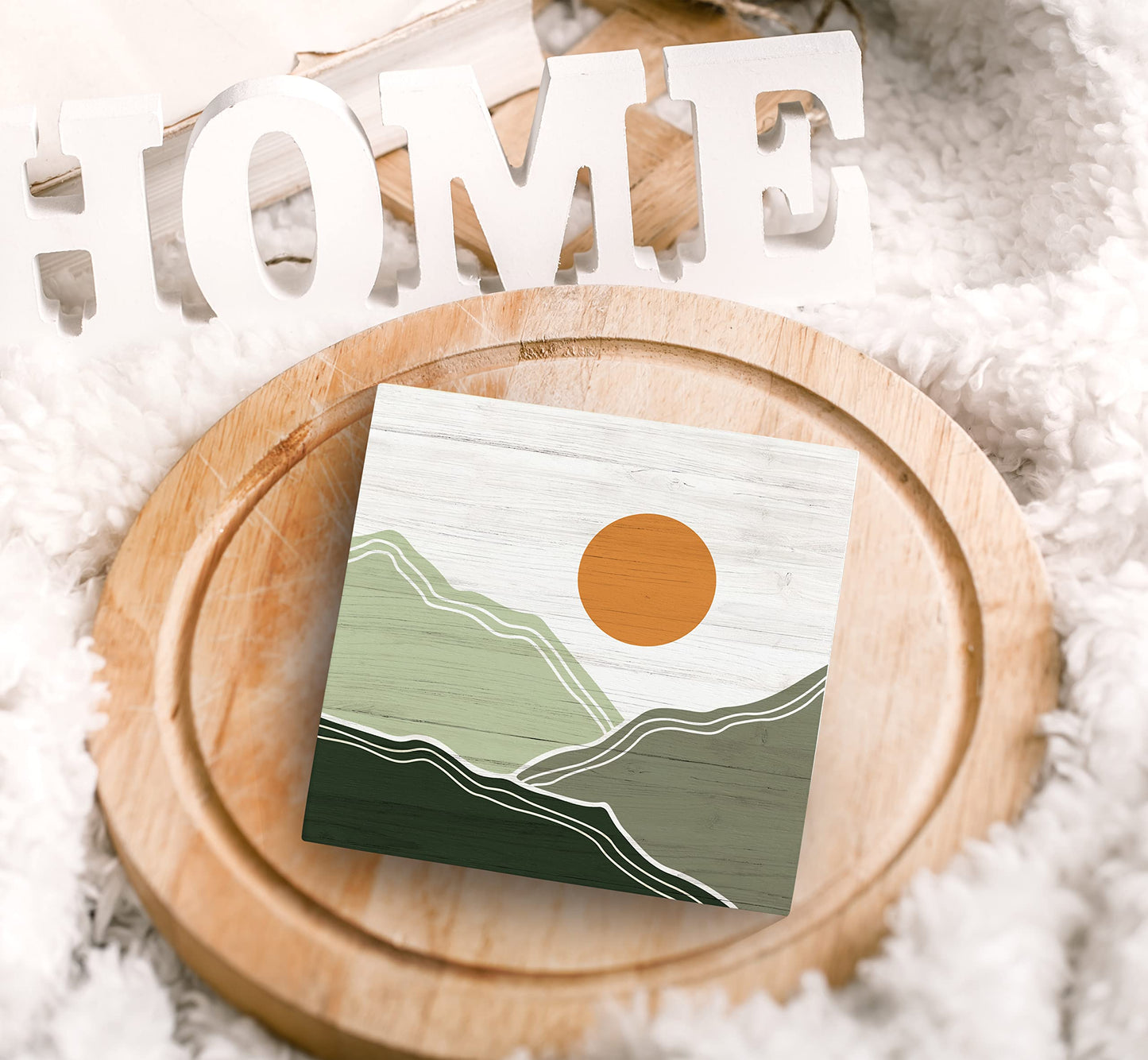SRADMO Abstract Boho Sun Green Mountains Wood Box Sign Desk Decor, Bohemian Nature Landscape Wooden Block Box Sign Decoration For Home Office Shelf Table Decor