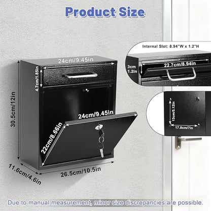 KYODOLED Steel Key Lock Mail Boxes for Outside, Locking Wall Mount Mailbox, Security Key Drop Box for Home, Office or Commercial, 12H x 10.5L x 4.6W Inches, Black Large