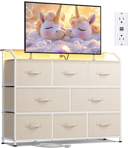 WLIVE Led Dresser for Bedroom, TV Stand for Bedroom with LED Lights and Power Outlet, Wide Chest of Drawers for Hallway, 8 Fabric Drawers for Living Room and Entryway, Cream White
