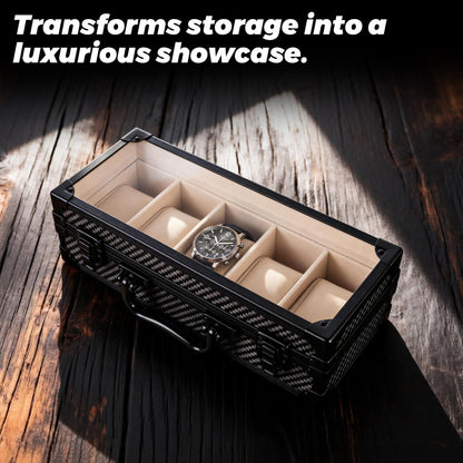 DOBEN Watch Box for Men, Carbon Fiber Hard Watch Case with Plush Interior, 5-Slot Storage Watch Organizer, Luxury Gift Box for Collectors