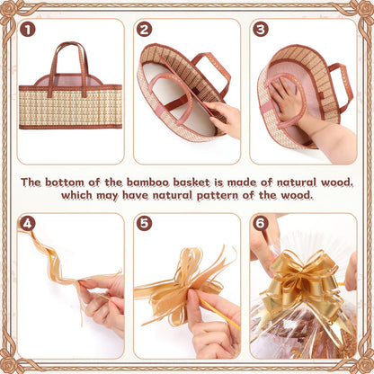 Reallnaive 2 Set Gift Basket Empty Woven Bamboo Storage Baskets with Clear Gift Bags Pull Bows Ribbon Foldable DIY Gifts Basket Kit with Handle for Baby Shower Housewarming