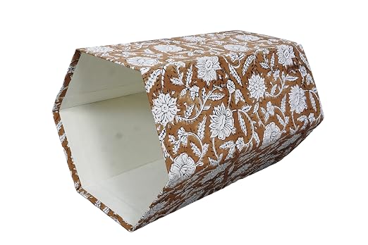 3.3 Gallon Cotton Hand Block Printed Paper Waste Basket |Small Decorative Trash Can for Housewarming Gifts in Living Room, Bedroom, Bathroom | Eco-Friendly, Plastic-Free (1, Brown White FLOWAR)