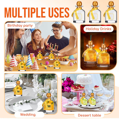Hushee 12 Pcs Empty Liquor Bottles with Straw Mini Tequila Bottles for Drinks Reusable Shot Glass Cups with Green Ribbon for Wedding Party Favor Personalized Decoration(Gold,50 ml)