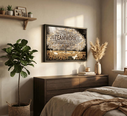 Framed Teamwork Tree Canvas Wall Art Inspirational Office Wall Decor Picture Motivation Positive Quotes And Sunflower Poster Print Painting for Living Room Bedroom Classroom Home Decoration