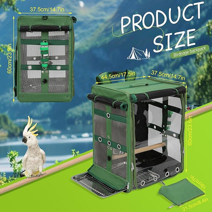Bird Carrier Travel Cage, Cockatoo Carrier, Parrot Travel Backpack with Unbreakable Stainless Steel Mesh, Perch, Water Bottle and Food Bowl, X-Large Green