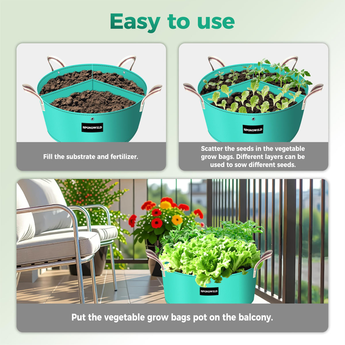 SPONDWILD [Upgraded] 2 Pack 10 Gallon 3 Compartment Grow Bag, Vegetable Growing Bag Thickened PE Garden Pots with Drainage Holes, Branch-Binding Holes, Reusable Plant Bag for Vegetables,Flowers