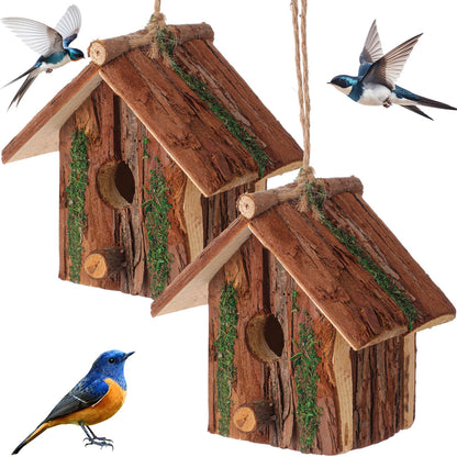 DoubleFill 2 Pcs Birdhouses for Outside Wooden Bird House with Moss Accent Hanging Design Birdhouse Natural Bark Finish Warm and Waterproof Rustic Bluebird House Cardinal Wren Hummingbird Garden