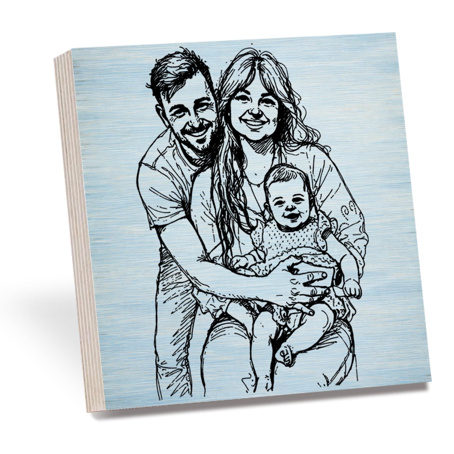 Personalized Sketch Photo Wooden Block Sign, Custom Hand Drawn Family Portrait from Photo, Meaningful Keepsake Shelf Sitter Home Decor Gift for Parents Grandparents