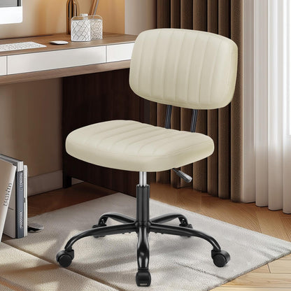 DUMOS Small Office Desk Chair - Armless PU Leather with Comfy Lumbar Support, Height Adjustable Rolling Swivel Task for No Arms, for Adult, Student, Bedroom, Home, Vanity, Beige White