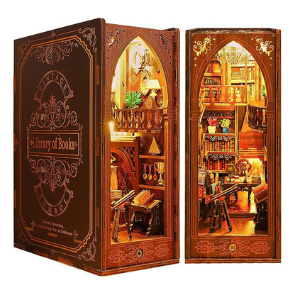 3D Wooden Magic Library Book Nook Kit - Enchanting Bookshelf Insert with Touch LED | DIY Bookend Decor | Ideal for Adults & Teens (Library)