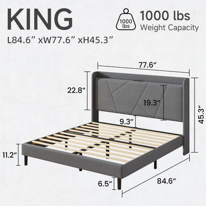 King Size Linen Bed Frame, Storage Headboard with Charging Station, Upholstered Platform Bed with Wooden Slats Support, Solid and Stable, Noise Free, No Box Spring Needed, Easy Assembly, Gray