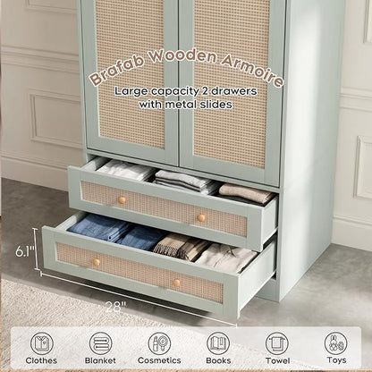 Brafab Armoire Wardrobe Closet with 2 Rattan Doors, 71" Vintage Blue Tall Freestanding Coat Closets with Drawers and Hanging Rail, Wooden Armoires Storage Cabinet with Shelf for Bedroom
