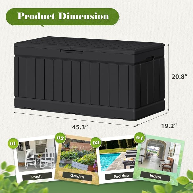 Flamaker Outdoor Storage Box 80 Gallon Resin Waterproof Deck Box Delivery Box with Wood Texture Large Storage Bin for Patio Cushions (Black)