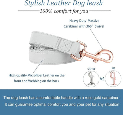 Dog Collar and Leash Set.Soft and Easy to Clean Vegan Leather with Rose Gold Metal Buckle for Small Medium Large Dogs (Grey, M(13.8"-19.7"))