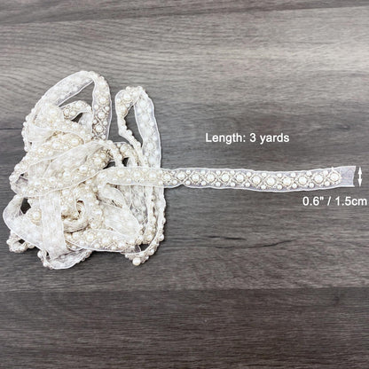 BETITETO 3Yards Pearl Beaded Trim Lace Ribbon Trimming Edge Embellishments for Sewing Bridal Dress Party Clothes Wedding Decoration Fabric Crafts DIY (Ivory Ribbon)