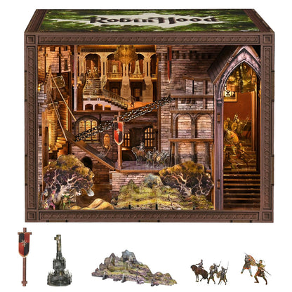 MiniCity DIY Book Nook Kit - Easy DIY Wooden Miniature Kit with LED Lights, Tools & Dustcover for 15+ (Robin Hood)