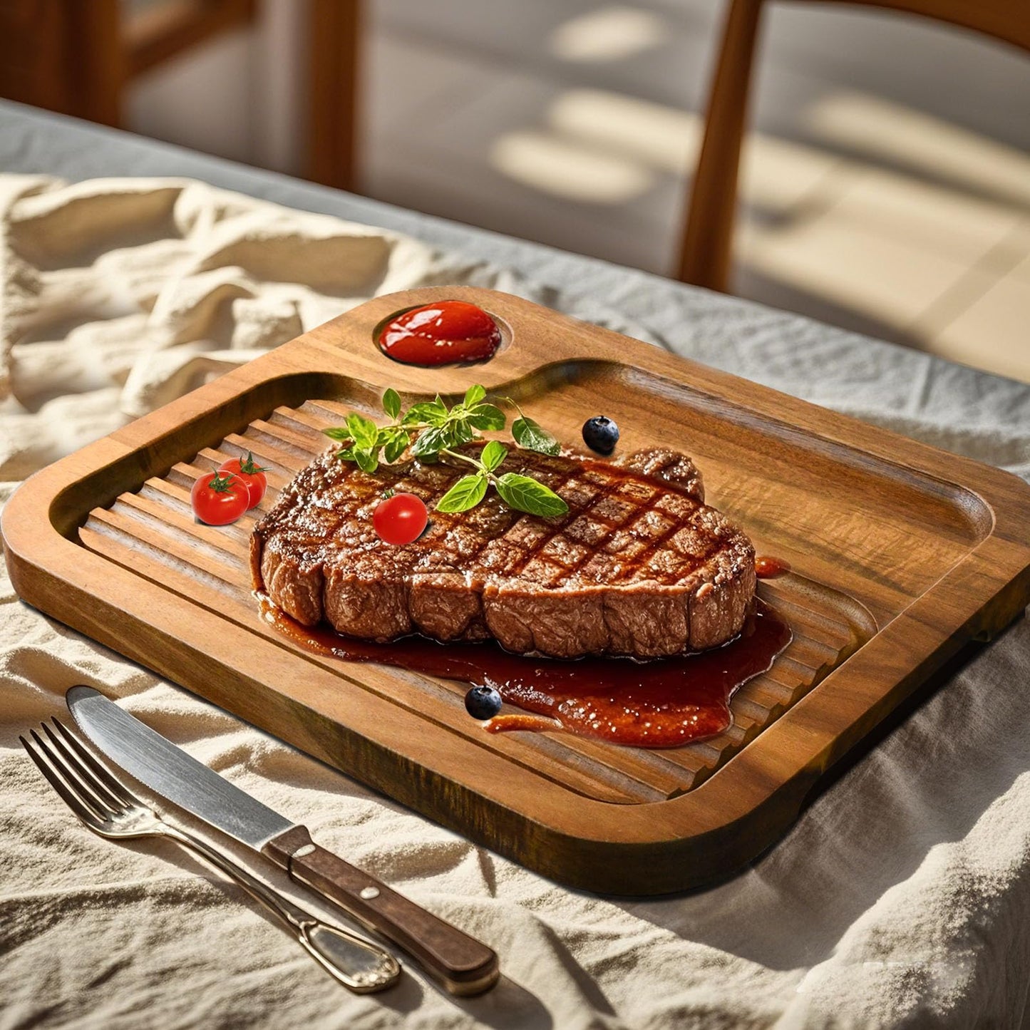 4 pcs Acacia Wood Steak Plates,Carnivore Cutting Board for Eating, Carved Meat Wooden Plate, Food Serving Tray,Cheese Charcuterie Boards with Deep Grooves & Hidden Handles
