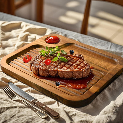 4 pcs Acacia Wood Steak Plates,Carnivore Cutting Board for Eating, Carved Meat Wooden Plate, Food Serving Tray,Cheese Charcuterie Boards with Deep Grooves & Hidden Handles