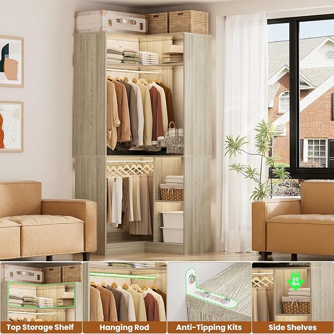 Aheaplus Corner Closet System with Shelves, 34’’ Closet Organizer System with Hanging Rods, Wood Walk-in Closets for Corner Small Space,Freestanding Corner Tower, L Shaped Garment Rack, White Oak