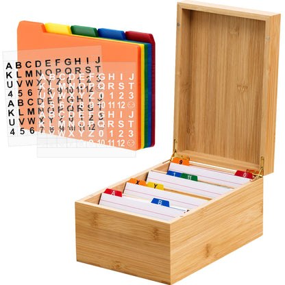 Henoyso 4 x 6 Inch Index Card Holder Set, Bamboo Organizer Box with 50 Dividers & 2 Sheets Alphabet Number Stickers File Note Holders, Holds 1200 Cards for Office Business Home Kitchen, Wooden Color