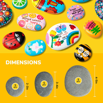 Simetufy 15pcs Rocks for Painting, 5pcs of Each 2-3in, 3-4in, 4-5in, Flat & Smooth River Rocks for Arts & DIY, Kindness Painting Stones for Kids, Garden Deco