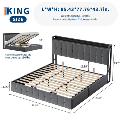 Garvee King Size Lift Up Storage Bed, Upholstered Velvet Bed Frame with Storage Headboard, Metal Platform Bed, No Box Spring Needed, Solid Wooden Slats, Noise Free, Grey