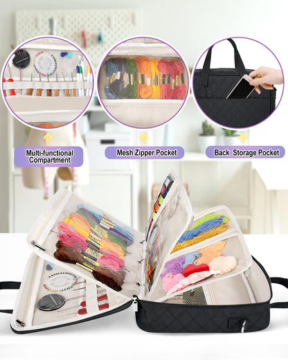 Telawsfun Sewing Supply Storage Bag with Removable Binder, Large Capacity Sewing Organizer Tote With Multi Pocket for Threads, Needles, Scissors, Craft Supplies (Black)