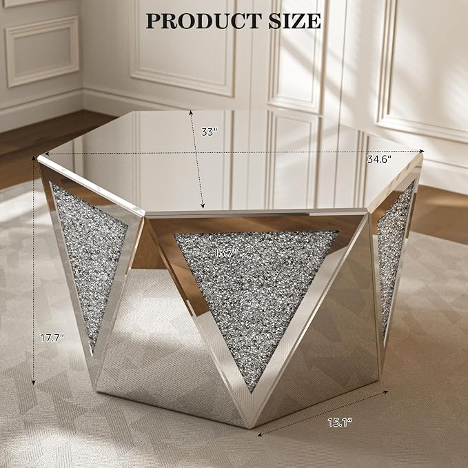 IKIFLY Mirrored Coffee Table with Crushed Diamond, Luxury Hexagon Silver Coffee Table, Living Room Table for Art Deco Office