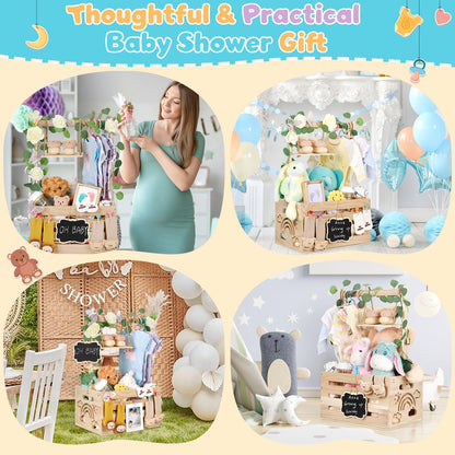 ELESTONE Wooden Baby Shower Crate Closet with Handle, Hangers & Garland, Large Capacity Baby Basket for Baby Shower, Customizable Wooden Crate Box Newborn Parents Welcome Gift (Natural Wood)