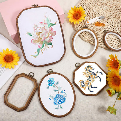 Oqqlin 9 Pcs Embroidery Hoop Frame, 4 Shapes Large Imitated Wood Cross Stitch Hoop Ring with Scissors Display Decorative Embroidery Hoops for DIY Arts, Crafts, Sewing, Hanging Ornaments Decor