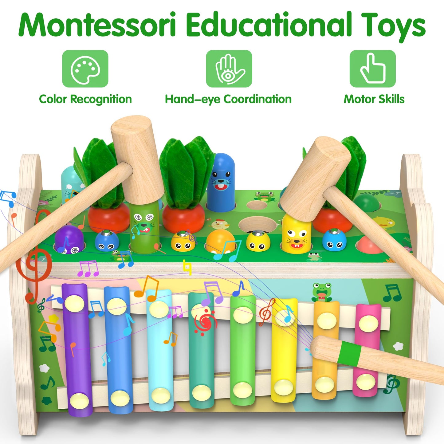 Amtreen 6-IN-1 Wooden Montessori Toys for 1 Year Old, Mole-Tapping Game | Play the Xylophone | Frog Clock | Carrot Harvest Game | Spinning Gear, Toddler Toys Aged 1-3, Baby Toy Gift for Early Learning