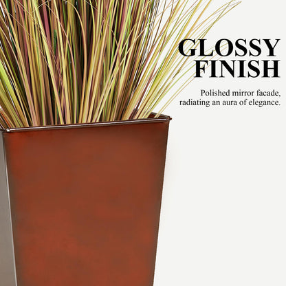 Worth Garden 25" Large Metal Glazed Planter Set of 2, Luxurious Glossy Finish Red Tall Square Tapered Steel Plant Pots, Decor Flower Pot Indoor & Outdoor, Drainage Hole & Dual-Purpose Plant Saucer