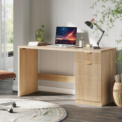 GarveeHome 60" Executive Desk with Storage, Modern Home Office Desk with Drawer & Cabinet, Wood Fluted Computer Desks Workstation Writing Conference Table for Study, Living Room, Bedroom, Natural Oak