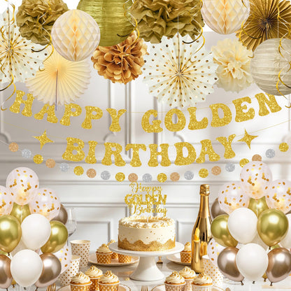 Golden Birthday Party Decorations,Gold Birthday Decorations with Happy Golden Birthday Banner,Paper Lanterns,Tissue Pom Poms,Fan,Gold Cream Balloons for Women Men,Photo Backdrop Decor,Gold Party