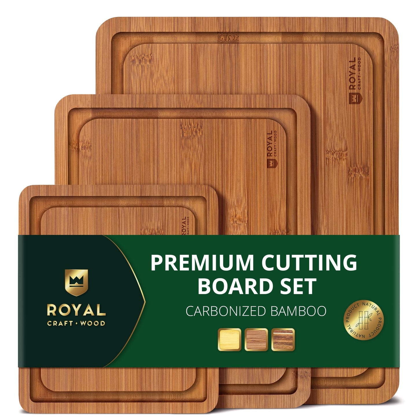 ROYAL CRAFT WOOD Wooden Cutting Boards for Kitchen Meal Prep & Serving - Bamboo Non Toxic Cutting Board Set with Deep Juice Groove Side Handles - Charcuterie & Chopping Butcher Block for Meat (3 Pcs)